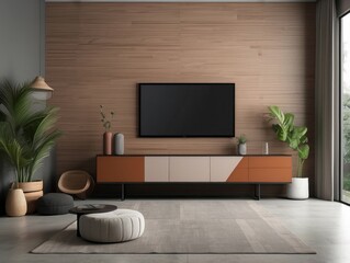 Wall Mural - Modern Living Room with Wooden Wall, TV, and Colorful Furniture