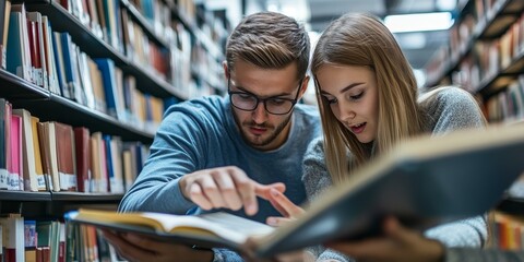 Aufkleber - Two educators in a close-up shot reviewing textbooks together in a library their faces showing intense focus and hands pointing at specific pages