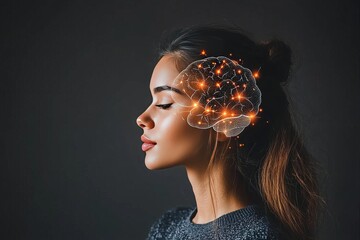 Wall Mural - A serene side profile of a woman with a glowing orange brain symbolizing mental focus clarity and the illumination of thoughts in a minimalist modern design