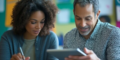 Aufkleber - A close-up of two teachers engaged in a passionate discussion over a tablet in a well-lit classroom their expressions reflecting commitment to teaching