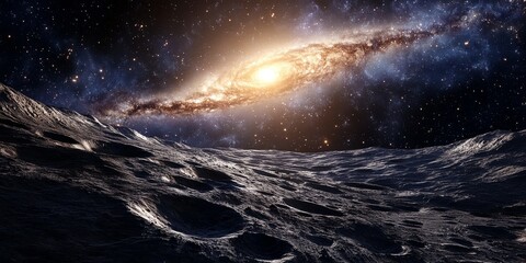 Poster - A serene view of a distant galaxy as seen from the surface of a moon, with craters in the foreground and the galaxy glowing in the distance