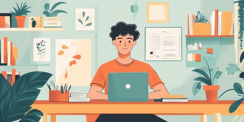 Aufkleber - A student organizing their dorm desk, setting up textbooks, a laptop, and personal decorations, ready to start their college experience