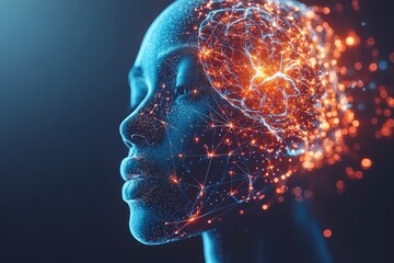 Sticker - A futuristic digital illustration of a head with glowing neural connections symbolizing advanced technology intelligence and the boundless potential of the human brain