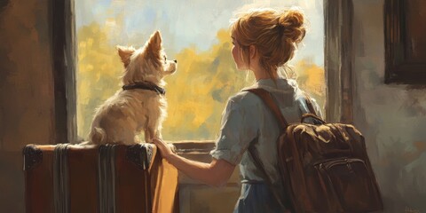Aufkleber - A student saying goodbye to their childhood pet before leaving for college, with suitcases nearby and a tender moment shared