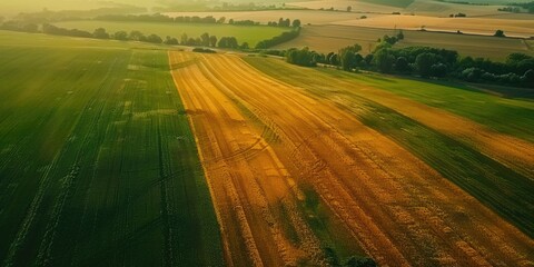 Canvas Print - Aerial view of lush green and golden agricultural fields