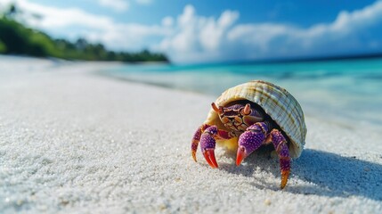 Colorful hermit crabs explore the white sandy shores. With clear, tropical waters lapping nearby.