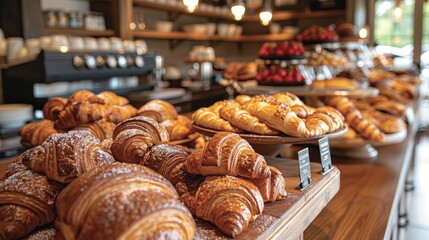 Freshly baked pastries and croissants displayed on a bakery counter with a warm, inviting atmosphere