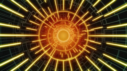 Poster - Futuristic glowing yellow energy tunnel framed with digital lines. Abstract concept.