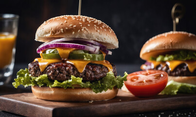 A juicy cheeseburger with lettuce, tomato, and onion on a wooden cutting board