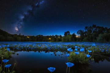 Wall Mural - night landscape with lake and moon