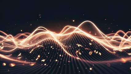 Poster - Glowing Particle Waves on Dark Background - Abstract Concept of Technology and Dynamic Motion, 3D Rendering