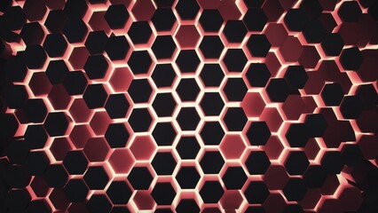 Poster - Glowing abstract hexagonal texture background. Modern 3D geometric design featuring hexagons. Dynamic black and red wallpaper with hexagonal patterns.