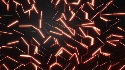 Leinwandbilder - Glowing abstract hexagonal texture background. Modern 3D geometric design featuring hexagons. Dynamic black and red wallpaper with hexagonal patterns.