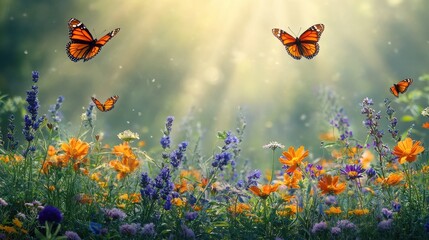 Sticker - Monarch Butterflies Flying Over Wildflowers In Summer Meadow