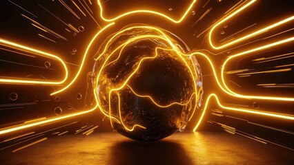 Poster - High-quality abstract light lines in a golden hue, featuring neon glows and fluid bends. Dynamic rock-inspired visuals with vibrant yellow elements.