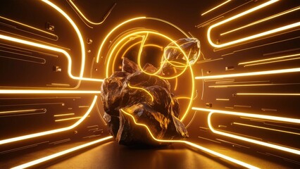 Poster - High-quality abstract light lines in a golden hue, featuring neon glows and fluid bends. Dynamic rock-inspired visuals with vibrant yellow elements.