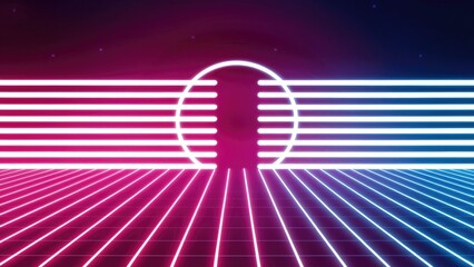 Poster - Horizontal neon lines background in pink and blue with a retro 80s wave aesthetic.