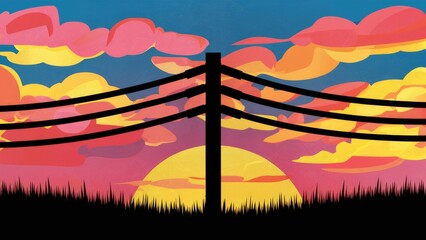 Poster - illustration of a dark power line silhouetted against a vibrant sunset sky featuring pink, orange, a