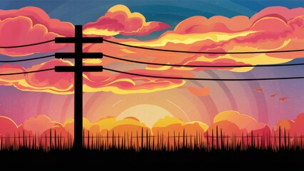 Poster - illustration of a dark power line silhouetted against a vibrant sunset sky featuring pink, orange, a