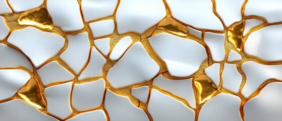 White and Gold Abstract Pattern, Cracked Surface with Metallic Accents, Elegant Geometric Design.