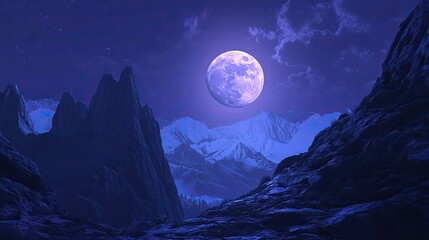 Sticker - Moonrise over towering mountains, with the glowing moon creating a serene and mystical ambiance in the night sky