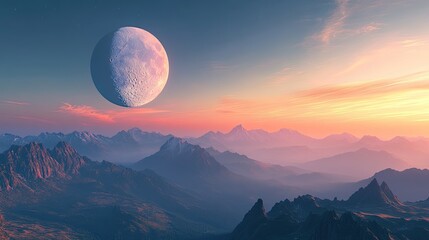 Wall Mural - Scenic view of the moon rising above majestic mountains, creating a tranquil and ethereal atmosphere in the evening sky