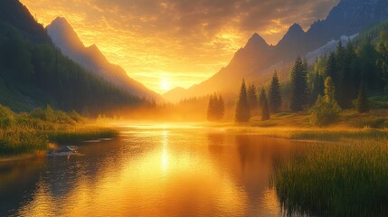 Wall Mural - Golden Hour Sunset Over Mountain Lake With Fog