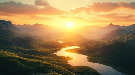 Wall Mural - Mountain River Sunset Landscape   Golden Hour Nature Photography