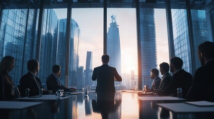 Poster - Silhouetted Businesspeople Looking Out Window at Skyline