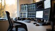 © WACHI - Modern trading desk with multiple monitors displaying stock market data and analytics in a bright, productive workspace.
