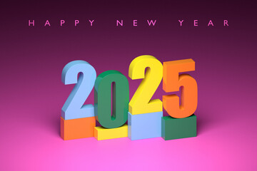 Poster - Calendar header number 2025 on pink   background. Happy new year 2025 colorful background.