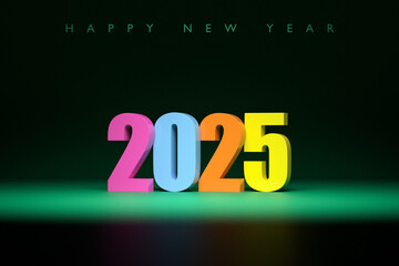 Poster - Calendar header number 2025 on black   background. Happy new year 2025 colorful background.