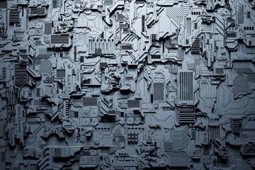 Poster - Detail of a futuristic  machine. 3D illustration of a futuristic wall made of various details. Cyberpunk background. Industrial wallpaper. Grunge details