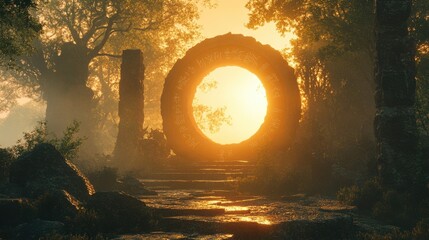 Poster - Ancient Stone Gateway in a Mystical Forest at Sunrise