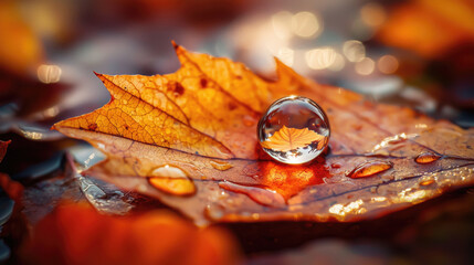Wall Mural - Closeup of the water drop on the autumn yellow leaf