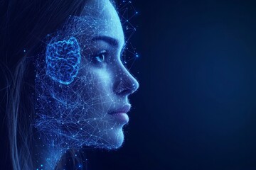 Wall Mural - Digital Face Constructed from Blue Particles Representing Artificial Intelligence Machine Learning and the Intersection of Technology with Human Cognition