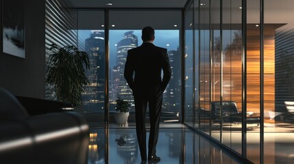 Poster - Businessman Contemplating Cityscape Through Window