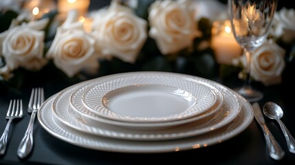 Exquisite table arrangement in a luxurious restaurant, with white plates, knives, and forks placed on a black tabletop, paired with elegant white roses, creating a sophisticated dining atmosphere