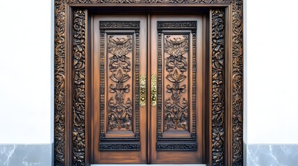 Wall Mural - 57. **A vintage wooden door with intricate designs and brass hardware, isolated on a pristine white background.