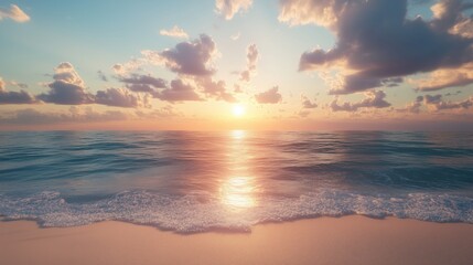 Poster - Golden sunrise over calm ocean waves with fluffy clouds reflecting in the water at a serene shoreline