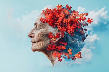 Poster - Elderly Womans Head with Blossoming Red Flowers Representing the Blooming of Memories and the Fragility of Aging in a Poetic Surreal Art Style