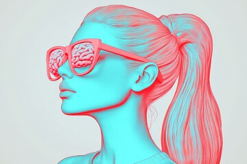 Poster - Neon Profile of a Woman with Glasses Representing the Intersection of Fashion Identity and the Digital World in a Modern Futuristic Art Style