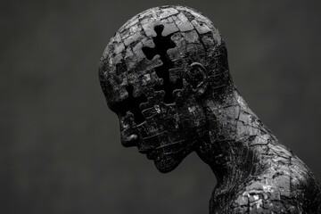 Poster - Rusty Metal Sculpture of a Human Head with a Puzzle Piece Missing Symbolizing Cognitive Challenges Memory Loss and the Aging Process in a Weathered Timeless Design