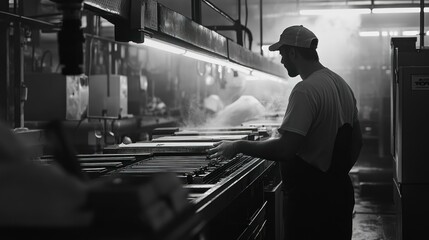 Poster - Man Working in a Factory with Steam Rising from a Conveyor Belt
