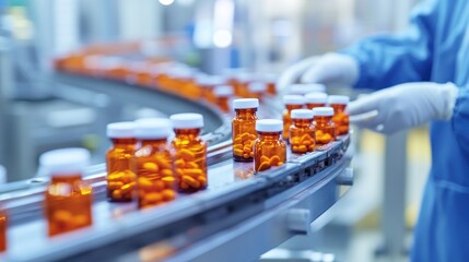 technicians monitoring medicine bottles on a conveyor belt in a high-tech pharmaceutical factory