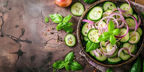 Canvas Print - Fresh cucumber and onion salad for summer Empty space for text overhead view