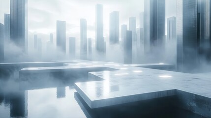 futuristic cityscape with foggy atmosphere and reflective platform