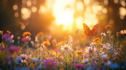 Canvas Print - Sunset Meadow with Butterflies and Wildflowers