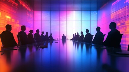 Poster - Silhouettes of Business People in a Meeting Room with Neon Lights