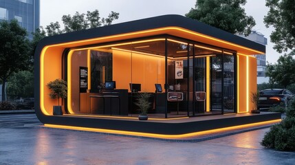 Poster - Modern Glass Kiosk With Illuminated Entrance and Orange Wall